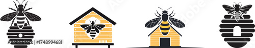 Four stylized bee and hive illustrations featuring black and yellow colors, emphasizing the connection between bees and their habitats.