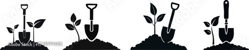 Four silhouettes of shovels in soil with growing plants, symbolizing gardening and growth.