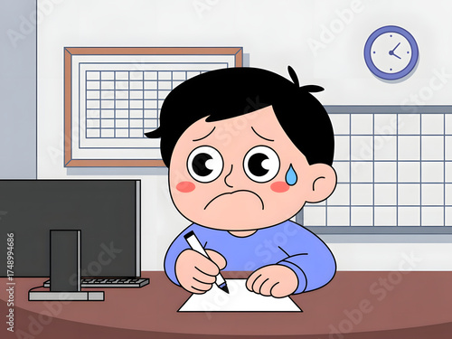 A distressed cartoon boy with sweat drops on his forehead looking worried as he writes on paper at a desk with a computer and charts in the background isolated on white background