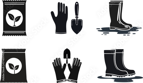 Gardening tools, gloves, and boots create a perfect setup for planting and tending to plants in a garden environment.