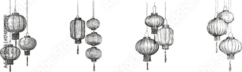 Elegant black pencil draw Chinese lanterns collection. Traditional Asian light decorations for Lunar New Year, festive cards, packaging or web backgrounds.