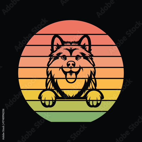 Alaskan Malamute Dog Peeking Sunset Vintage Retro Dog Lover