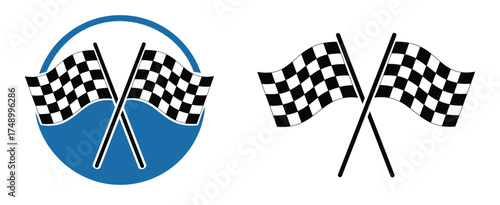 Two crossed checkered racing flags illustrations for speed, competition, finish line, and automotive sports