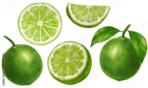 Simple watercolor lime illustration set with different limes cut and whole lime with leaves. Citrus fruit clip art isolated on white background.