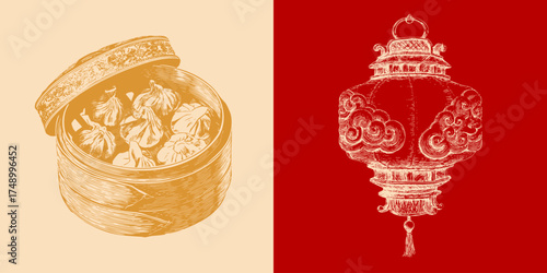 Vintage line illustration of Chinese dim sum in bamboo steamer and festive lantern. Vector pencil draw on red and beige background.
