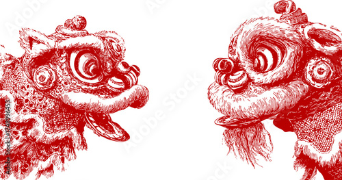 Two red Chinese lion dance heads facing each other. Vector detailed line art illustration symbolizing luck and celebration for Lunar New Year.