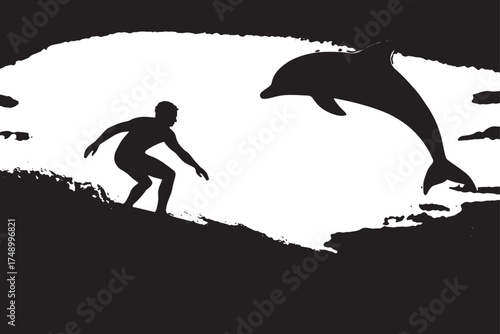 Silhouette surfer riding wave near jumping dolphin black and white surfing ocean