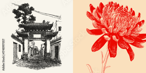 Detailed line art of ancient Chinese gate and chrysanthemum flower in black and red tones. Vector elegant minimal illustration.