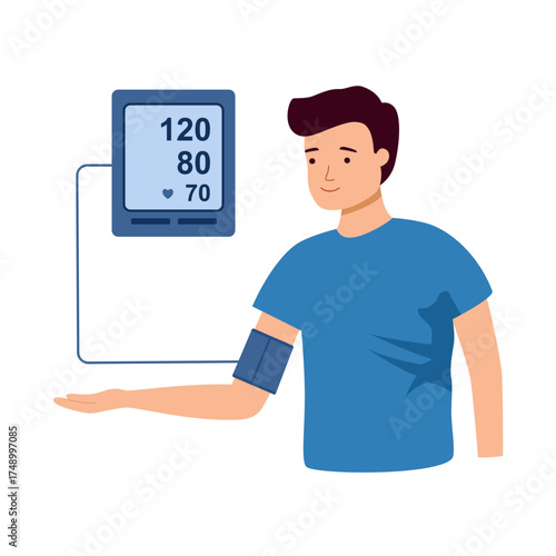 Blood pressure measurement concept vector illustration. Man measures heart pressure in flat design on white background.