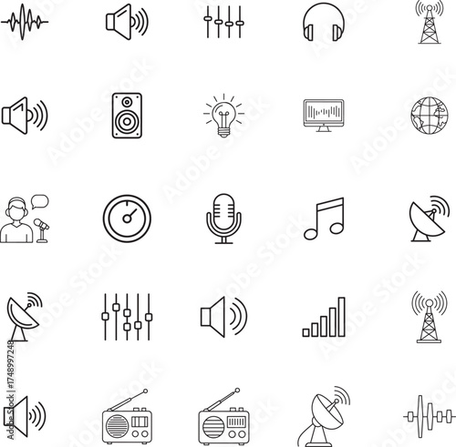 World Radio Day and Audio Broadcasting Line Art Icon Set
