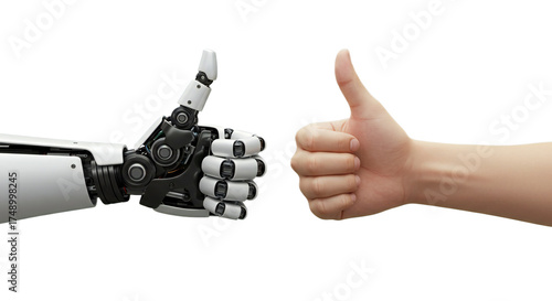 3D illustration of robot and human hands giving thumbs up, striking metallic and natural skin details. Isolated on transparent background, png