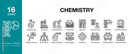 Chemistry icon set. Includes chemistry, science, research, chemical, medicine and More. Editable Stroke Icon Collection.