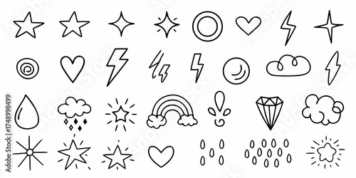 Collection of hand drawn doodle icons including stars hearts lightning bolts clouds rainbows and raindrops on a white background