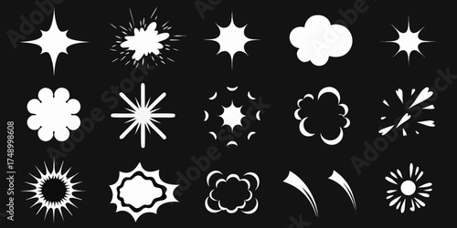 Collection of white cartoon explosions and comic book sound effects on black background