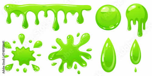Collection of bright green goo splatters and drips for playful designs