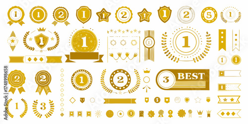 Collection of golden award ribbons medals stars shields and banners for victory and ranking