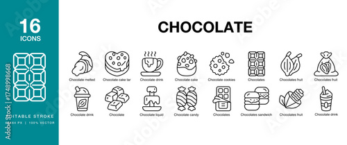 Chocolate icon set. Includes cocoa, food, dessert, chocolate, sweet and More. Editable Stroke Icon Collection.