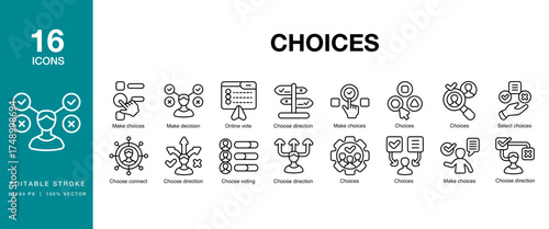 Choices icon set. Includes choice, business, solution, decision, choose and More. Editable Stroke Icon Collection.