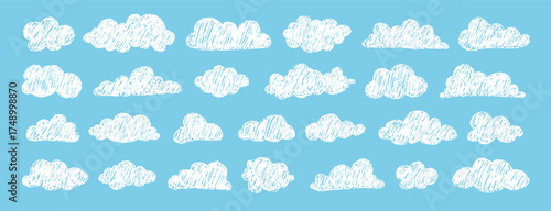 Set of White clouds. Kids hand sketched collection. Pencil drawn doodles with crayon for classroom decor. Childish Vector illustration isolated on blue background.