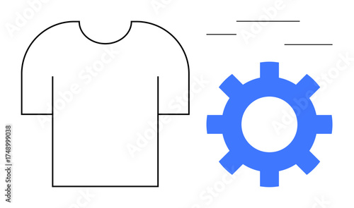 T-shirt outline paired with blue gear, suggesting production processes and industry design. Ideal for apparel, fashion, manufacturing, design, technology, creativity and teamwork. A simple flat