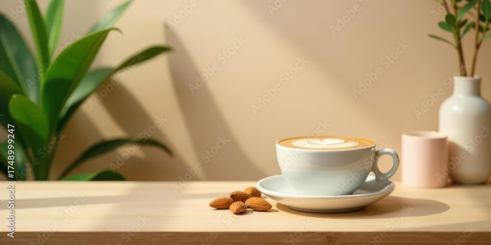 Obraz premium Aromatic Coffee Break Latte Art and Almonds on a Sunny Wooden Table