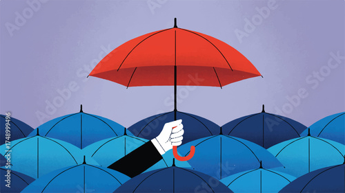 Vector art of red umbrella stands out among blue umbrellas, symbolizing uniqueness concept