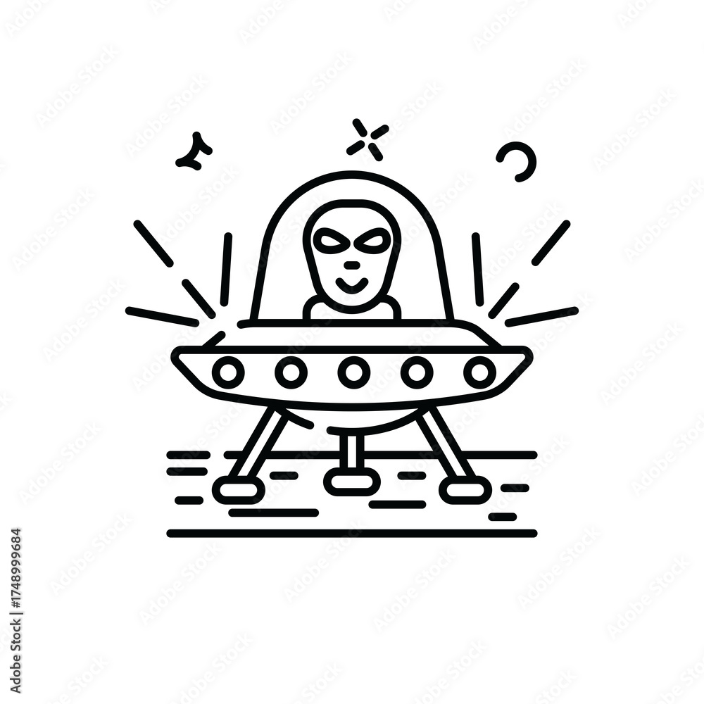 Retro Flying Saucer with an Extraterrestrial Alien Inside and Beams of Light Emitting from the Craft Against a Transparent Background