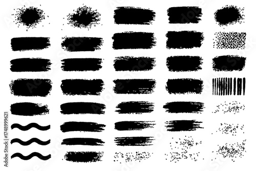 Black Brush Stroke and Ink Shape Collection | Grunge Texture, Paint Splatter, and Abstract Design Elements Set, Grunge Speech Bubble Frames Set | Hand Drawn Text Boxes and Brush Rectangle Labels.