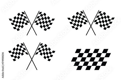 Set of black and white checkered racing flags, speed symbols, finish line icons, motorsport and race victory vector illustrations