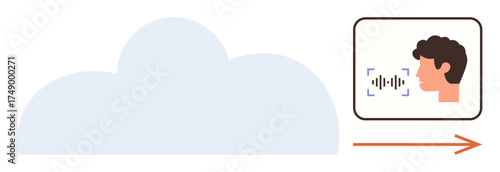 Cloud receiving user voice input with soundwave detection and arrow implying data upload. Ideal for communication, technology, AI, storage, cloud services, speech recognition, efficiency. Simple flat