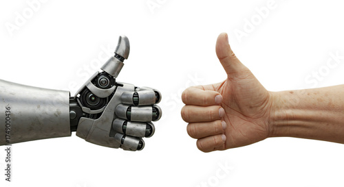 Minimalist 3D of elderly robot & human hands, aged textures in perfect thumbs up symmetry. Isolated on transparent background, png