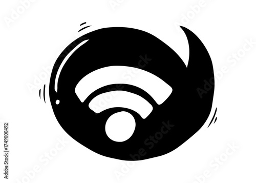 Black and white cartoon illustration of a stylized Wi-Fi signal icon with motion lines suggesting movement or transmission.