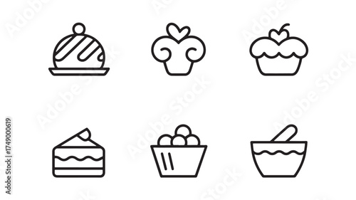 Simple line art icons of sweet desserts and baking tools on a white background.