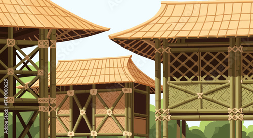 Traditional Bamboo Structures with Thatched Roofs in a Village Setting.