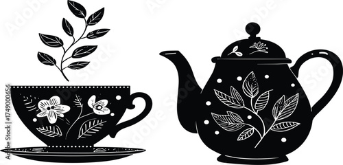Tea cup icons with floral patterns black silhouette vector design on white background