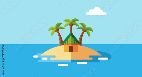 Tropical Island Paradise with Hut and Palm Trees in the Ocean.