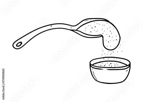 A hand-drawn illustration of a spoon pouring granular material into a small bowl.