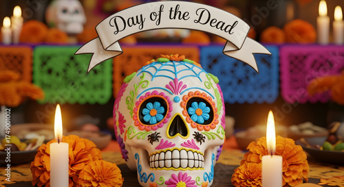 Day of the dead a colorful decorated sugar skull on a traditional ofrenda altar with lit candles and marigold flowers for a festive holiday celebration