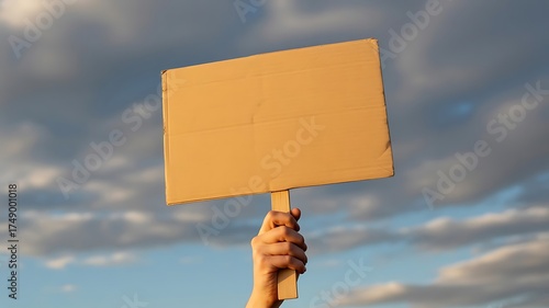 Hand holding blank cardboard sign against cloudy sky