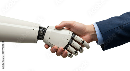 Firm centered handshake, metallic robot hand gleaming, tanned human hand with blue sleeve, clean minimalist corporate shot, isolated on transparent background, png