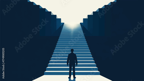 Vector art of a man stands at the foot of a long staircase to success and achievement