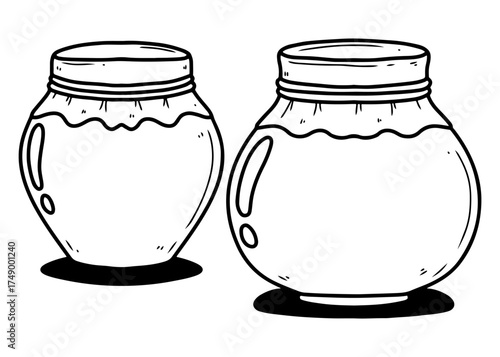 Two cartoon jars filled with liquid, depicted in a black and white line drawing style, casting shadows.