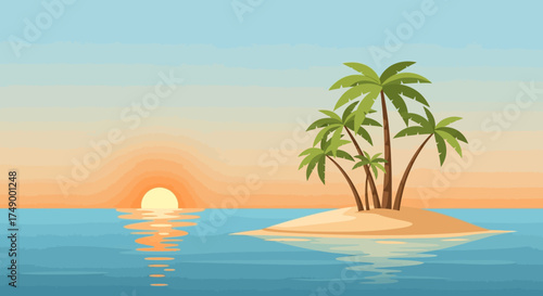 Tropical Island Sunset with Palm Trees and Calm Ocean Waters.