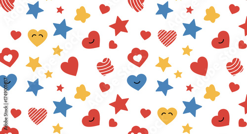 Playful Pattern of Hearts and Stars in Primary Colors on White Background