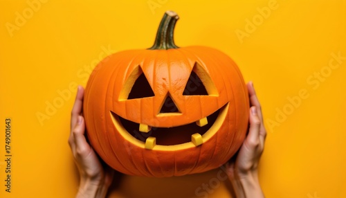 Classic Halloween Jack O' Lantern with Cheerful Face on Yellow Background