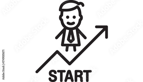 Tiny person celebrates reaching the start of an upward trending graph representing success.
