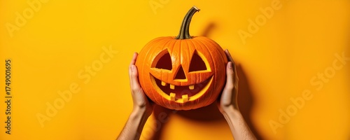 Hands Holding a Smiling Pumpkin with Yellow Background for Halloween