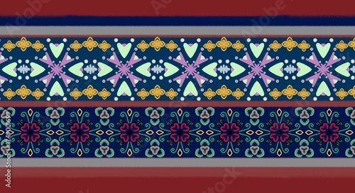 Vibrant Thai/Ethnic fabric border in navy blue and burgundy. Seamless Bohemian, Ikat, Retro floral and heart pattern. Great for textile, wallpaper, fashion, digital background.