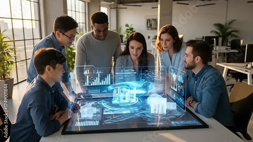 Diverse Team of Tech Professionals Analyzing Holographic Data in a Modern Office.