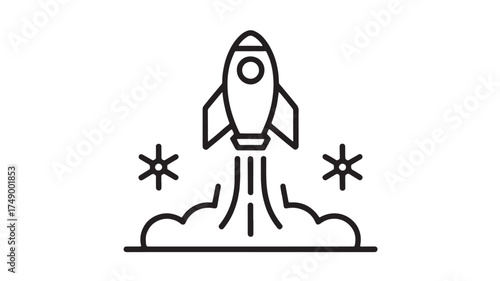 Rocket launching into space with fiery exhaust and stars, symbolizing new beginnings and innovation.